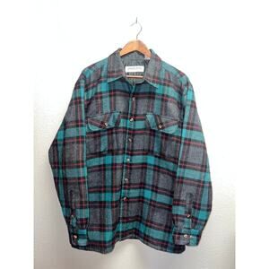 Vintage Trail's End Flannel Shirt Quilted Lined Plaid Teal Gray Western VTG L